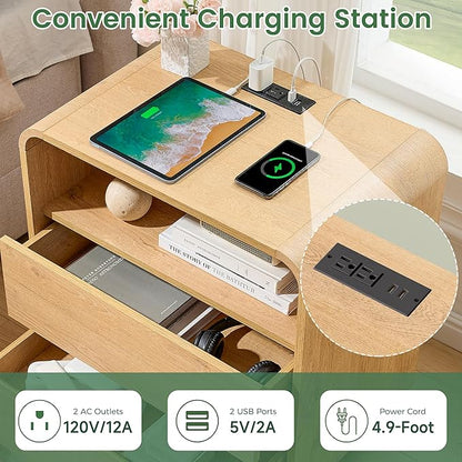 Modern Curved Night Stand, 25" Tall Wood Bedside Table with Charging Station, 2 Storage Drawers Side Table, Large End Table Nightstand for Bedroom, Living Room Office, Sofa, Natural