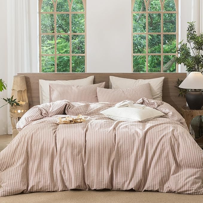 MooMee Striped Duvet Cover Set 100% Washed Cotton Linen Like Textured Breathable Durable Soft Comfy (Orange White Wide Stripes, Super King 108"x98")