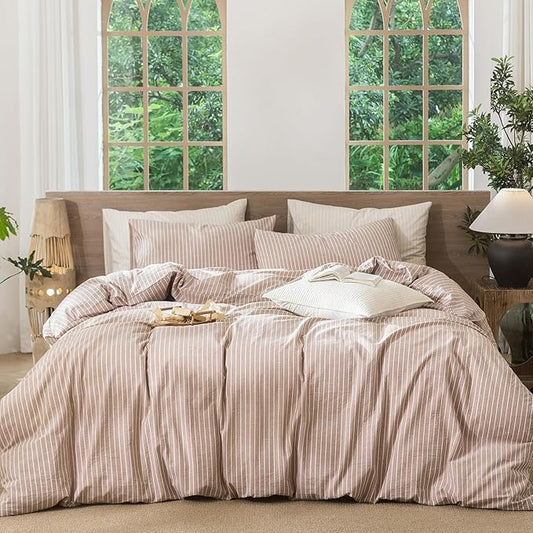 MooMee Striped Duvet Cover Set 100% Washed Cotton Linen Like Textured Breathable Durable Soft Comfy (Orange White Wide Stripes, Super King 108"x98")