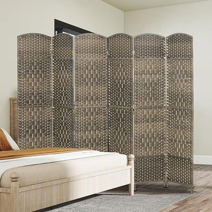 HOMCOM 6 Panel Room Divider, 6' Tall Folding Privacy Screen, Hand-Woven Freestanding Wall Partition for Home Office, Bedroom, Dark Rustic Oak