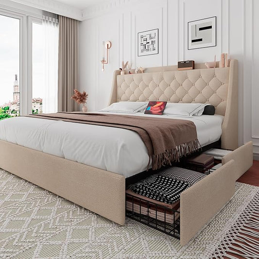 iPormis King Bed Frame with 4 Storage Drawers, Upholstered Platform Bed Frame with Type-C & USB Ports, Wingback Storage Headboard, Solid Wood Slats, No Box Spring Needed, Beige