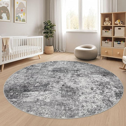 5ft Round Area Rug Living Room Rugs - 5x5 Washable Large Soft Indoor Neutral Modern Abstract Low Pile Rug Carpet for Bedroom Dining Room Farmhouse Home Office - Grey