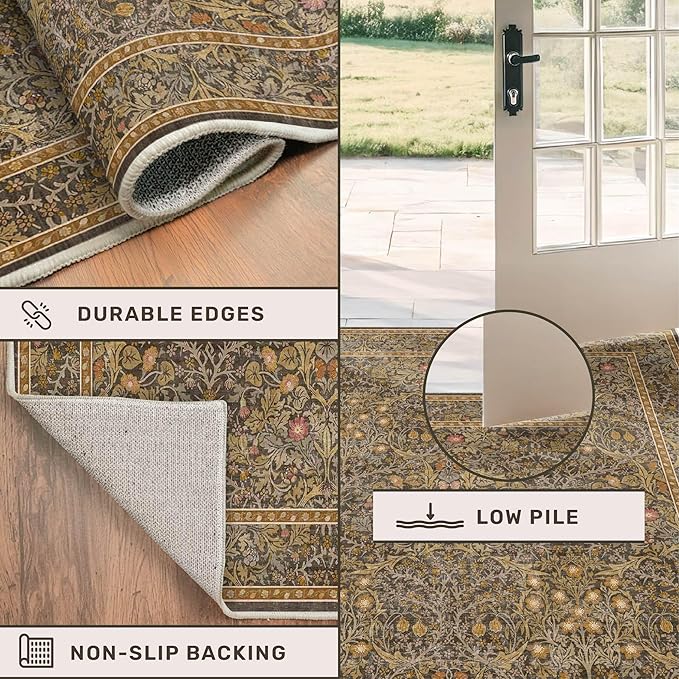 Brown 2'6" x 8' Runners for Hallways Non Slip, Extra Long Floor Runner for Kitchen, Entryway Indoor, Washable Rubber Backing Stain Resistant - Soft Boho Vintage Gold Brown Floral Décor