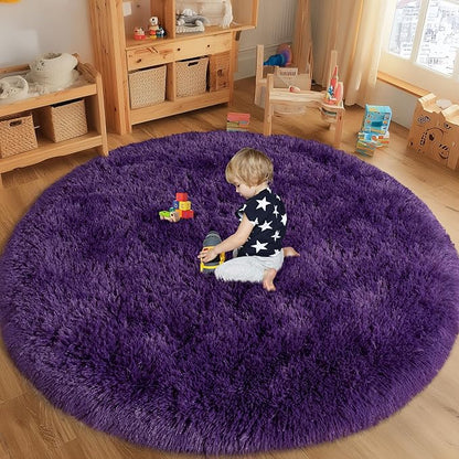 Round Purple Rug for Bedroom, 5 ft Circle Area Rugs for Living Room, Soft Fluffy Shag Carpet for Teen Girls Boys Nursery Room Dorm Home Decor Aesthetic