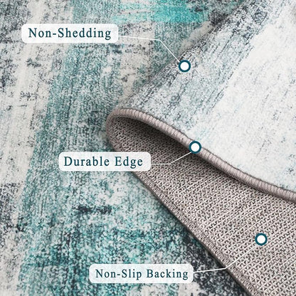 3x5 Rug, Small Area Rug for Living Room, Bedroom, Kitchen, Machine Washable Non-Slip Throw Rug, Modern Abstract Carpet for Entryway Nursery Coffee Table, Teal