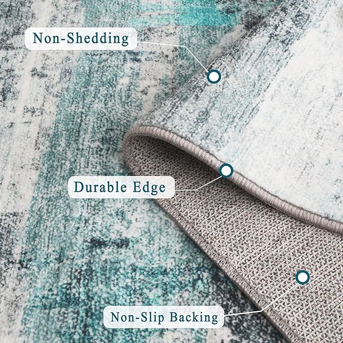 8x10 Area Rugs for Living Room, Non-Slip Backing Washable Rug 8x10, Large Area Rug Soft Carpet for Bedroom Dining Room, Modern Abstract, Easy Clean, Durable, Low Pile Rug Under Table, Teal