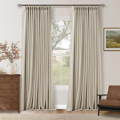 102 Inch Blackout Linen Pleated Curtains for Bedroom Living Room Darkening Pinch Pleat 100% Black Out Thermal Insulated Window Drapes Double Layer Oatmeal Beige 102 Inches Long Curtains 2 Panels Set