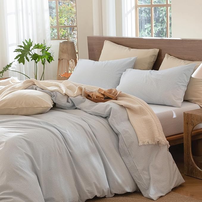 MooMee Striped Duvet Cover Set 100% Washed Cotton Linen Like Textured Breathable Durable Soft Comfy (Cornflower Blue White Pinstripes, Super King 108"x98")