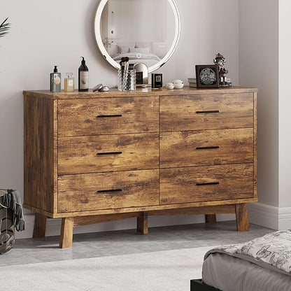 Dresser for Bedroom, 6 Drawer Wide Modern Chest of Drawers with X-Shaped Sturdy Base, Wood Double Dresser Closet Clothes Storage Organizer, Wooden TV Stand for Living Room, Hallway, Brown