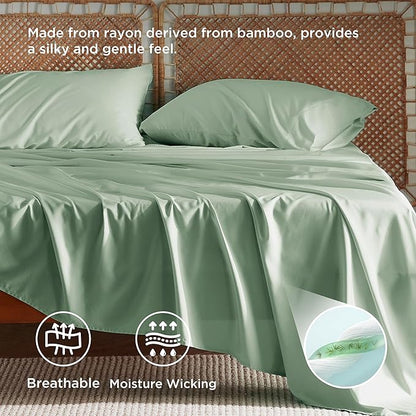 Bedsure Queen Sheet Set, Rayon Derived from Bamboo, Cooling Sheets, Breathable & Soft, Deep Pocket Up to 16 Inches, Hotel Luxury Silky Bedding for Hot Sleepers, Sage Green