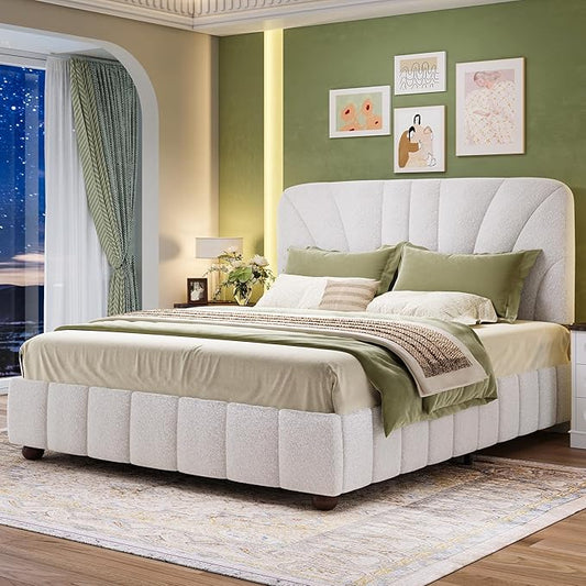 Full Size Boucle Bed Frame Upholstered Bed Frame Full with Adjustable Headboard, Solid Wood Slats Support, Bed for Bedroom Apartment, Dorm, No Box Spring Needed, Easy Assembly, Noise-Free, Cream