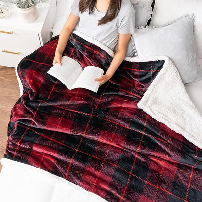 PAVILIA Red Plaid Sherpa Throw Blanket for Couch, Plush Flannel Fleece, Soft Fuzzy Cabin for Sofa Bed, Warm Cozy Winter Gift, 50x60