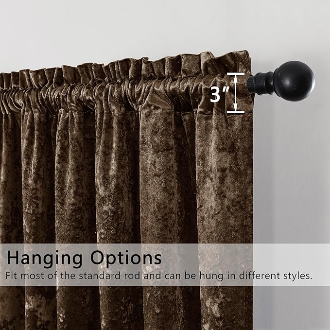 SMILETIME Chocolate Crushed Velvet Curtains 52x108inch Rod Pocket Luxurious Thermal Insulated Soundproof Drapes Soft and Durable Light-Filtering Window Treatments for Living Room Bedroom, 2 Panels