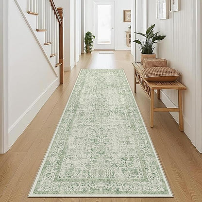 Runner Rug 2x6 Sage Green Hallway Washable Vintage Distressed Kitchen Carpet Non Slip Neutral Low Pile Retro Floral Farmhouse Long Throw Rug Entryway Bathroom Office Laundry Dining Room