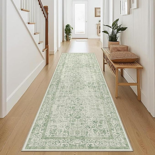 Runner Rug 2x8 Sage Green Hallway Washable Vintage Distressed Kitchen Carpet Non Slip Neutral Low Pile Retro Floral Farmhouse Long Throw Rug Entryway Bathroom Office Laundry Dining Room