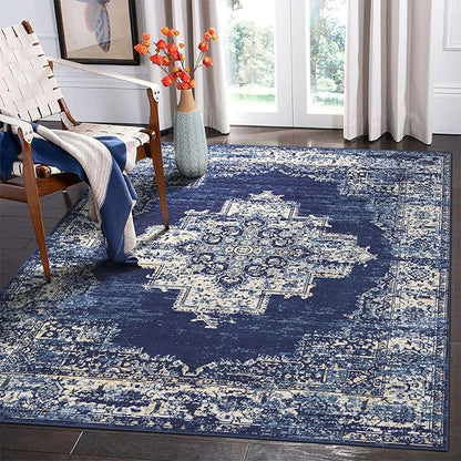 vivorug 4x6 Rug, Small Area Rug for Living Room, Bedroom, Kitchen, Machine Washable Non-Slip Throw Rug, Vintage Carpet for Entryway Nursery Coffee Table - Durable (Navy Blue)