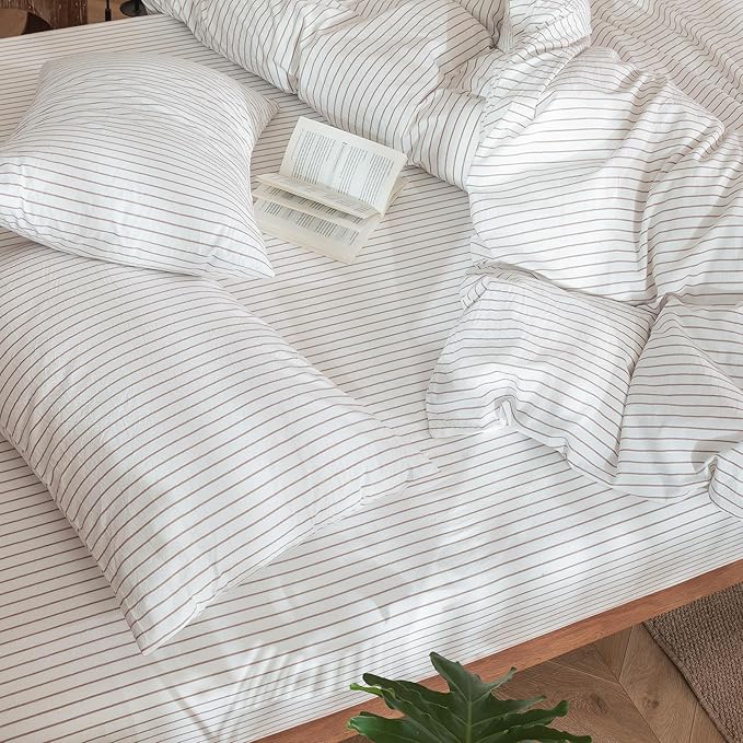 MooMee Striped Duvet Cover Set 100% Washed Cotton Linen Like Textured Breathable Durable Soft Comfy (White Orange Wide Stripes, Super Queen 90"x98")