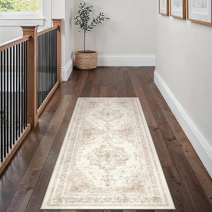 Runner Rug 2x6 Cream Hallway Washable Beige Carpet Non Slip Vintage Medallion Beige Carpet Low Pile Soft Distressed Retro Indoor Long Rug for Entryway Kitchen Bathroom Laundry Bedroom