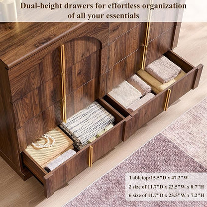 ACCOHOHO Large Dresser for Bedroom with 8 Drawers with Arched Panel,Modern Minimalist Chest of Drawers with Gold Handles,Wood Storage Closet Dressers Tv Stand for Living Room, Hallway,Brown