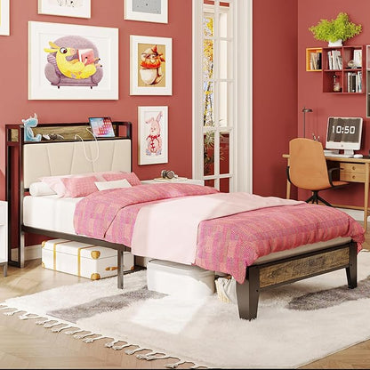 LIKIMIO Twin XL Bed Frames, Storage Headboard with Charging Station, Solid and Stable, Noise Free, No Box Spring Needed, Easy Assembly (Walnut and Beige)