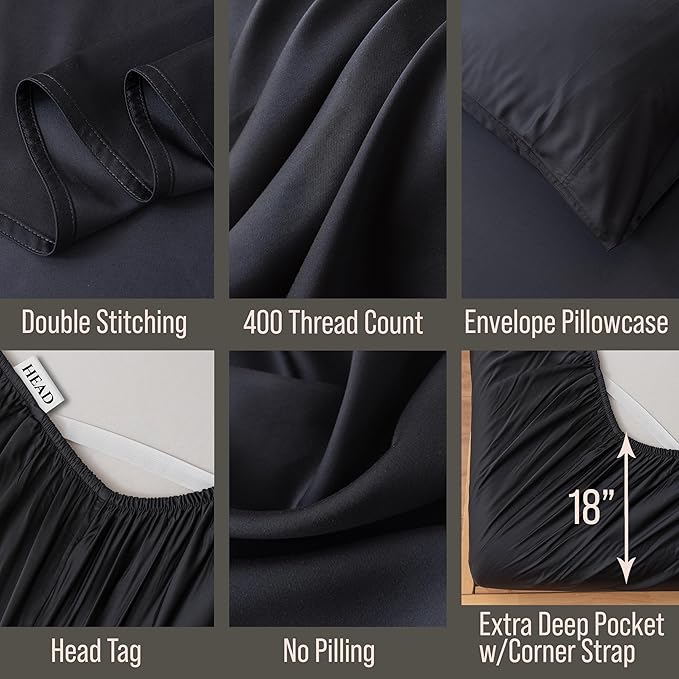 Bella Coterie 6 Piece Luxury Bamboo Viscose Split Top King Size Sheet Set | 34" Split for Adjustable Beds | 100% Organically Grown| Cooling | 18” Deep Pocket | 4 Pillowcases [Black]