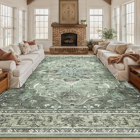 Area Rugs 10'x12' Washable Non-Slip, Floral Vintage Distress Print Pattern Medallion Carpet for Living Room Bedroom Dining Room, Dark Green Gray