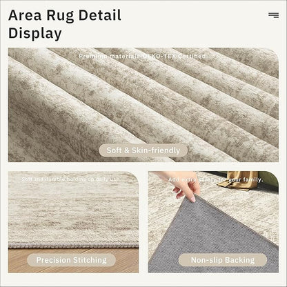 5x7 Area Rugs Beige Low Pile Indoor Washable Trendy Faded Style Rugs for Bedroom Living Room Dining Room Foldable Non-Slip Thin Print Home Office Mat