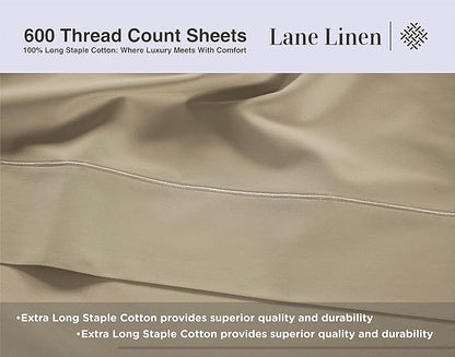 LANE LINEN 600 Thread Count Twin XL Sheets Set, 100% Mercerized Cotton Twin XL Bed Sheets Set with sily Touch Finish, Soft and Comfy Fully Elasticized Sateen Weave XL Twin Sheets Set - Linen
