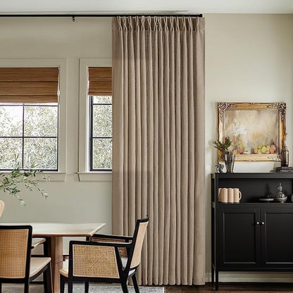 Pleated Linen Curtains 96 Inches Long for Living Room 2 Panel Set Semi Sheer Light Filtering Pinch Pleat with Rings Hooks Drapes Boho Farmhouse Rustic Light Brown Tan Latte Curtain Bedroom Window