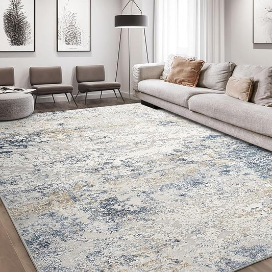 Area Rug Living Room Rugs - 10x14 Abstract Large Soft Indoor Washable Rug Neutral Modern Low Pile Carpet for Bedroom Dining Room Farmhouse Home Office - Beige Blue