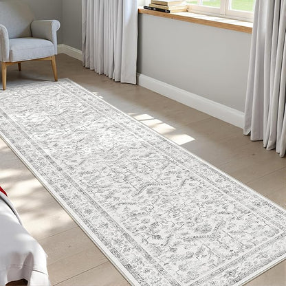 Grey 2x7 Runner Rug Vintage Area Carpet Hallway Indoor Kitchen Washable Neutral Low Pile Traditional Distressed Gray Retro Accent Throw Rug Non Slip for Laundry Bathroom Office
