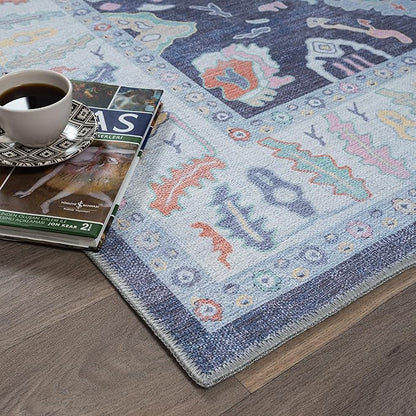 Fame Rugs Navy Blue Modern Oushak Rug 3x5, Washable Vintage Turkish Colorful Oriental Antique Inspired Foldable Small Area Rugs, Luxury Living Room Bedroom (388NB, 2'6" x 5')