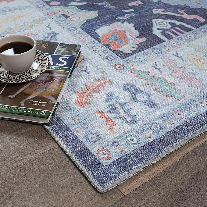 Fame Rugs Navy Blue Modern Oushak Rug 2'6"x7', Washable Vintage Turkish Colorful Oriental Antique Inspired Foldable Small Runner Rugs, Luxury Living Room Bedroom (388NB, 2'6" x 7')