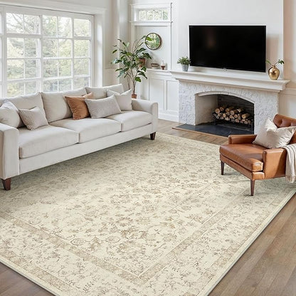 8x10 Brown Area Rug Non Slip Large Vintage Living Room Distressed Machine Washable Carpet Traditional Indoor Bedroom Brown Retro Floral Accent Throw Rug for Office Kitchen Dorm Dining Room