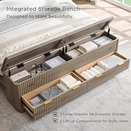 T4TREAM Fluted Queen Size Bed Frame with Wingback Headboard, Footboard Storage Bench with Built-in Drawers & Lift-Up Compartments, Wood & Steel Platform Bed, No Box Spring Needed, Grey Alder