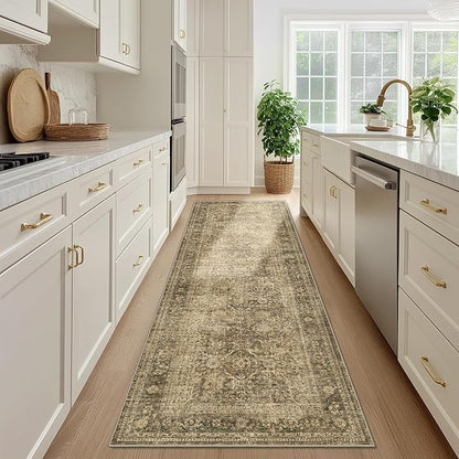 FMFUNCTEX 3x14 Runner Rug Brown Washable Vintage Neutral Distressed Non Slip Low Pile Indoor Carpet Soft Retro Floral Hallway Entryway Rug for Kitchen Living Room Bedroom Bathroom Laundry Bedside