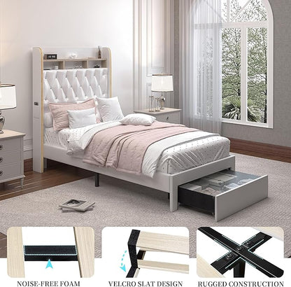 Twin LED Bed Frame with Storage Drawer, PU Upholstered Platform Beds with Galaxy Star Projector and Speaker, Aurora Bedframe with 2-Tier Storage Headboard for Small Bedroom Apartment, White