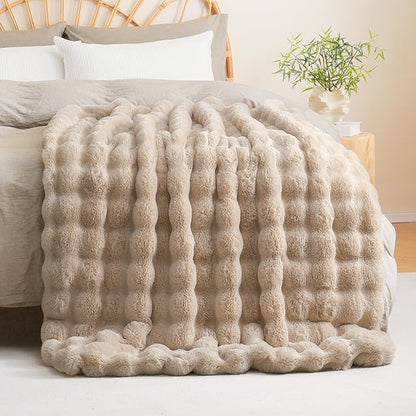 BENVWE Faux Fur Throw Blanket for Couch - Thickened Fluffy Soft Bubble Blanket for Living Room Home Decor - Fathers Day Birthday Gifts for Women Men, Beige, 50" x 60", 1300GSM