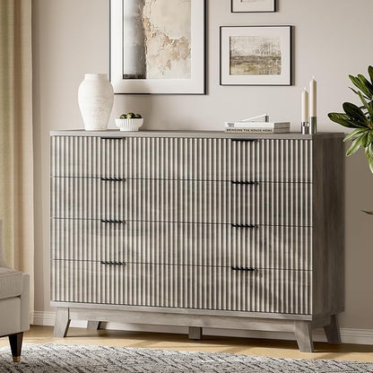 Fluted Dresser with 8 Drawers, 54" Wide Wood Chest of Drawers with Metal Handle, Wooden Dresser TV Stand, Modern Closet Clothes Storage Organizer for Bedroom, Living Room, Hallway, Light Grey
