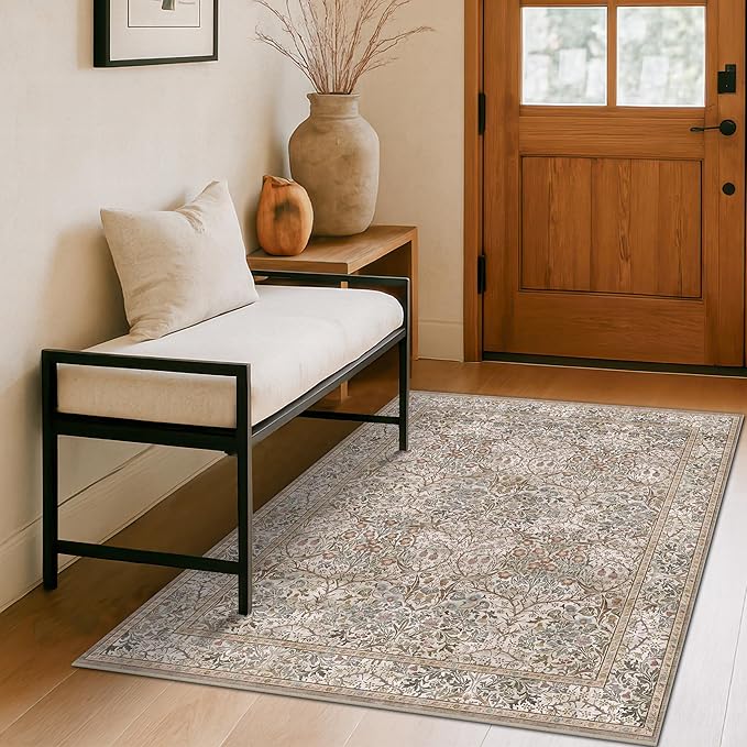 Vintage 4x6 Entryway Rug, Washable Area Rugs for Mudroom, Bedside Rugs Bedroom, Large Kitchen,Living Room, Office, Dorm, Non-Slip Low Pile Soft Stain Resistant Carpet Floral Moss Green Taupe Decor