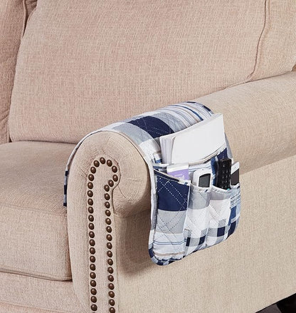 Brilliant Sunshine Multi Blue Plaids and Stripes Patchwork Sofa Armrest 5 Pockets Organizer, Slip Resistant Armchair Caddy, Washable Remote Controls Holder, Storage for Magazine, Tablet, 35×13", Blue