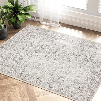 Gray Entryway Area Rug 2x3 Door Mat Machine Washable Kitchen Vintage Distressed Non Slip Carpet Indoor Grey Retro Floral Accent Throw Small Rug for Bathroom Office Bedroom Dining Living Room