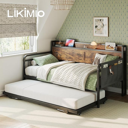 LIKIMIO Twin Daybed with Trundle Bed, Storage Headboard with Charging Station, Sofa Day Bed with Strong Supports for Living Room, Bedroom, and Guest Room, Industrial Brown