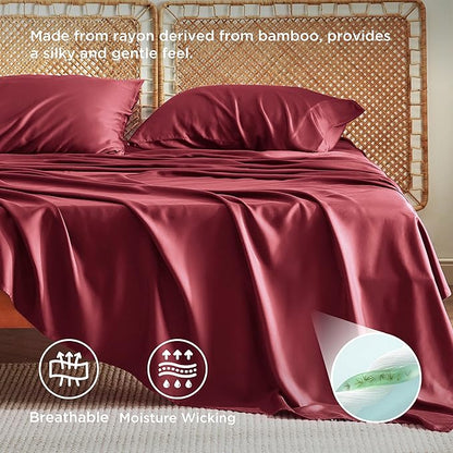 Bedsure Full Size Bed Sheets, Cooling Sheets, Rayon Derived from Bamboo, Breathable & Soft, Deep Pocket Up to 16 Inches, Hotel Luxury Silky Bedding for Hot Sleepers, Burgundy