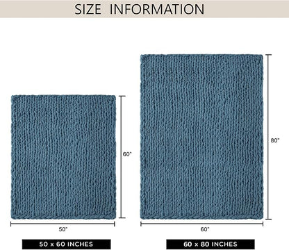 Chunky Knit Throw Blanket 50"X 60", 100% Handmade with Soft Chenille Yarn, 4.4lbs Thick Cable Knitted Blankets, Large Rope Knot Crochet Throws for Couch Sofa Bed Home Decor, Mineral Blue