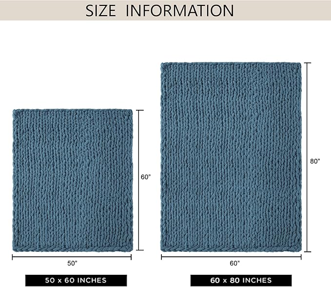 Chunky Knit Throw Blanket 60"X 80", 100% Handmade with Soft Chenille Yarn, 6.7lbs Thick Cable Knitted Blankets, Large Rope Knot Crochet Throws for Couch Sofa Bed Home Decor, Mineral Blue