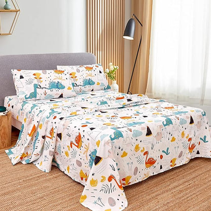 JSD Kids Dinosaur Sheet Set Twin Size, 3 Piece Soft Printed Microfiber Bed Sheets for Boys Girls Deep Pocket