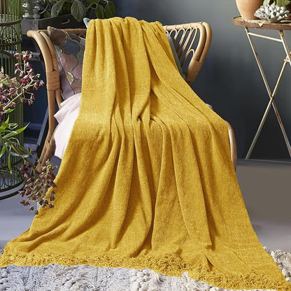 Chenille Throw Blanket for Couch 50"X 60", Soft Cozy Throws with Fringe Tassel for Bed Sofa Chair Cover, Lightweight Knitted Decorative Boho Blankets for Living Room, Yellow