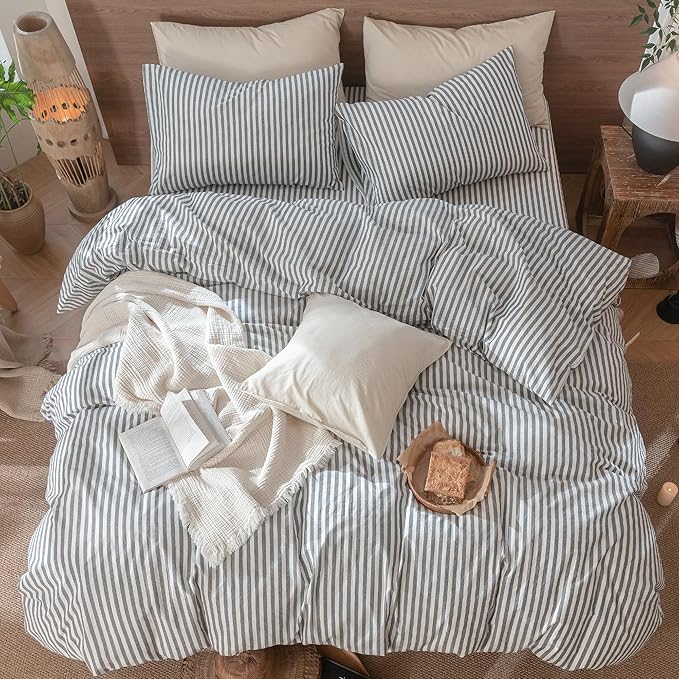 MooMee Striped Duvet Cover Set 100% Washed Cotton Linen Like Textured Breathable Durable Soft Comfy (Dark Grey White Classic Stripes, Cal King 104"x98")