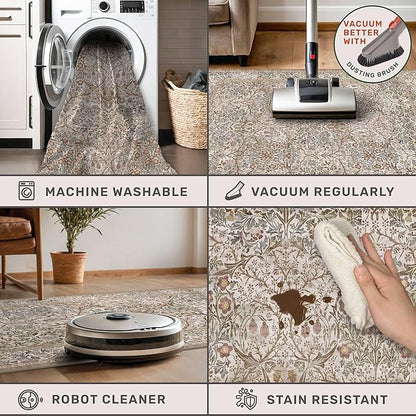 Washable Living Room Rug 10x12 - Moss Green Oriental Area Rug for Dining Room Under Table, Low Pile Non-Slip Floor Carpet for Bedroom Under Bed - Vintage Earthy Design & Stain Resistance